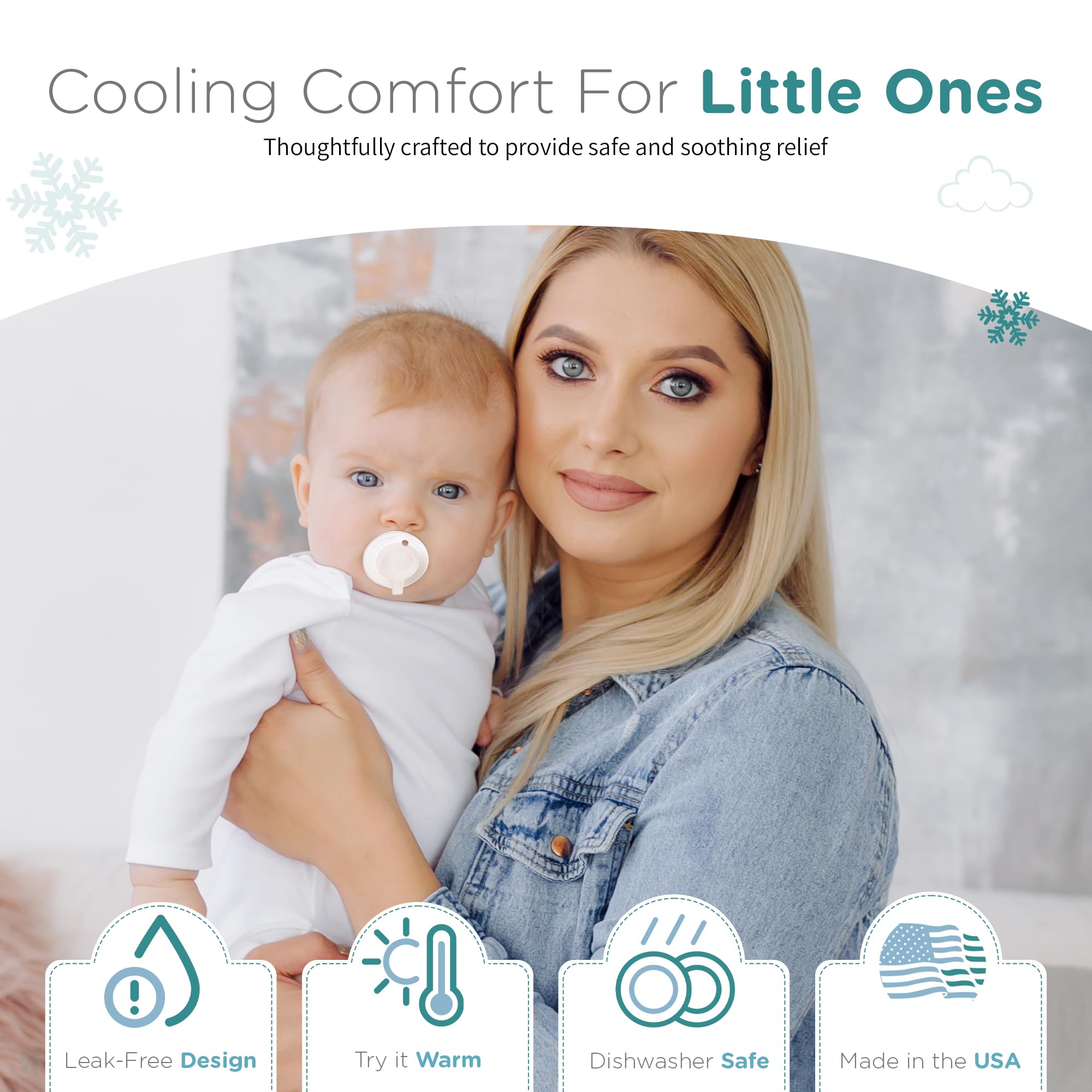 Nippii six-cube tray fits pacifier for continuous teething relief.