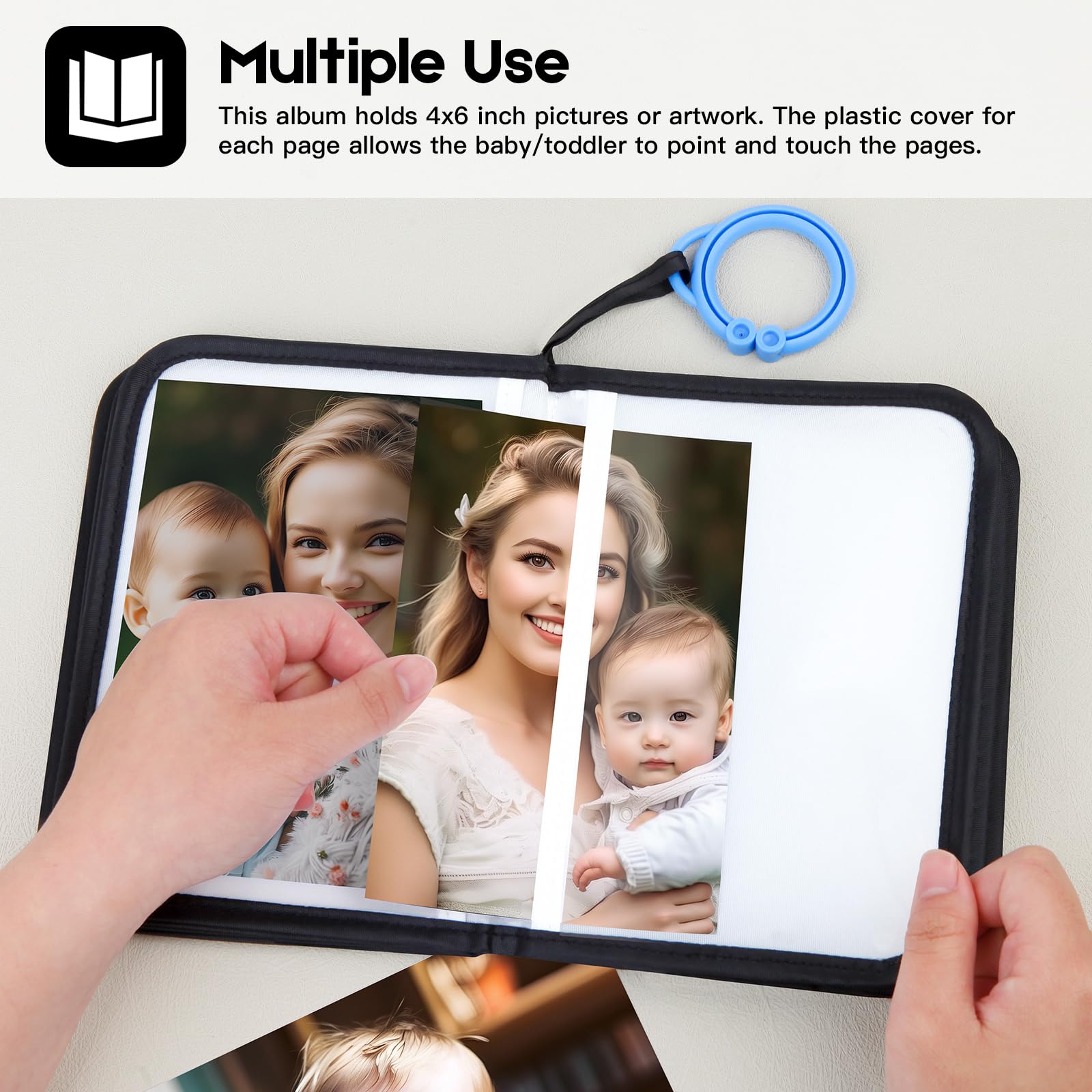 Niselity plastic hook for pram keeps the album within reach.