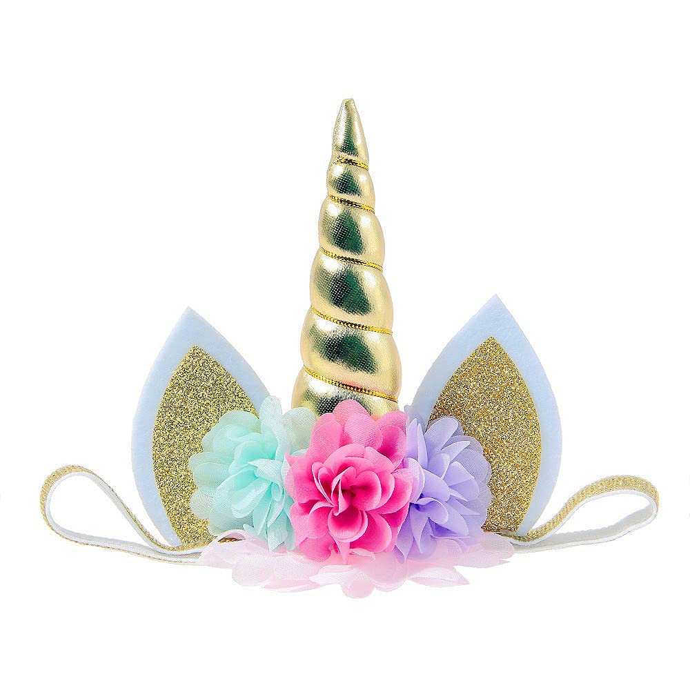 Nishine baby elastic glitter unicorn horn headband with chiffon flowers, perfect for adorable photos.