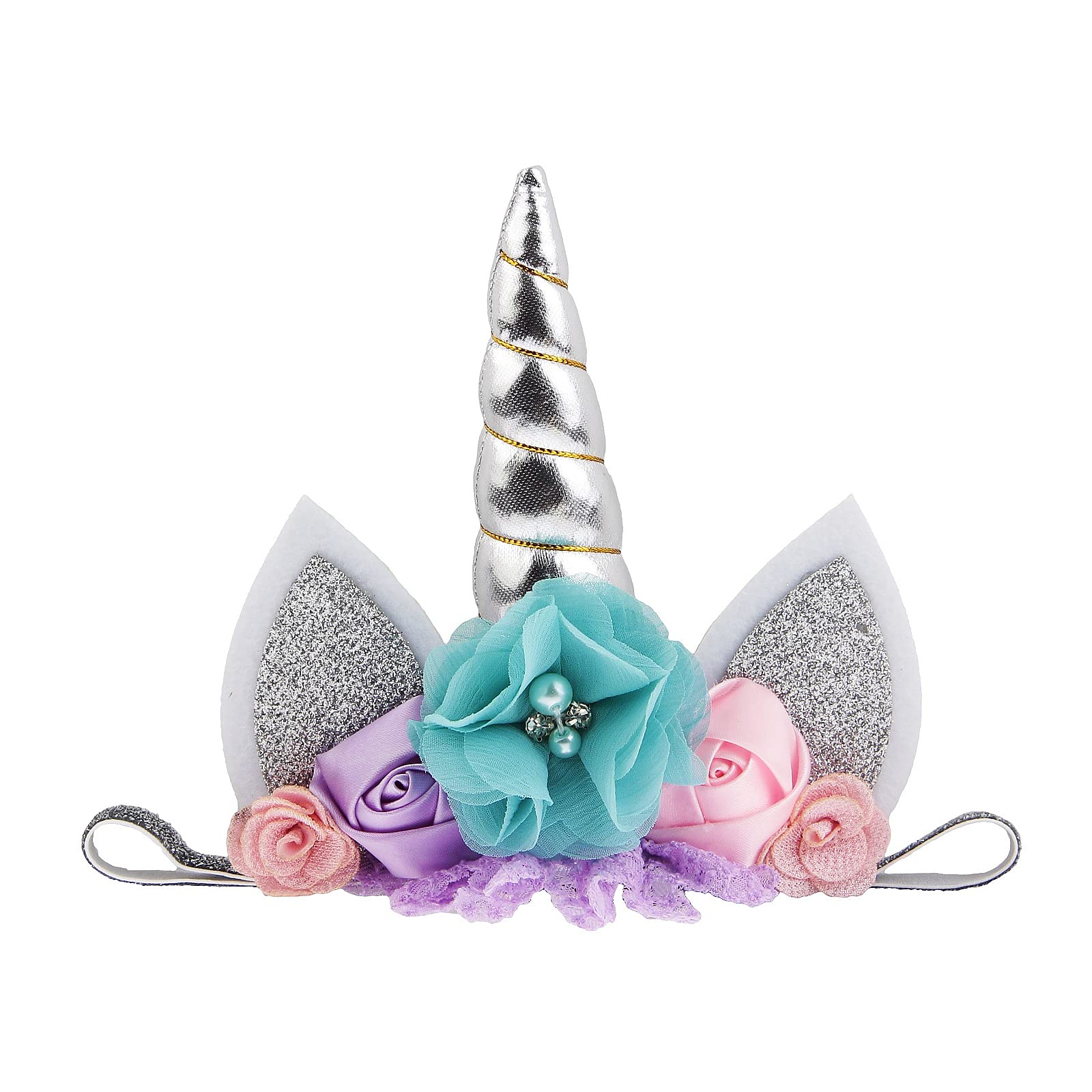 Nishine silver glitter unicorn horn headband for baby photos.