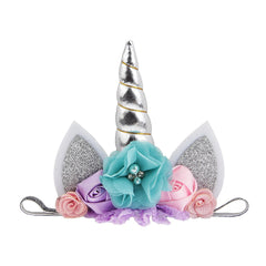 Nishine silver glitter unicorn horn headband for baby photos.