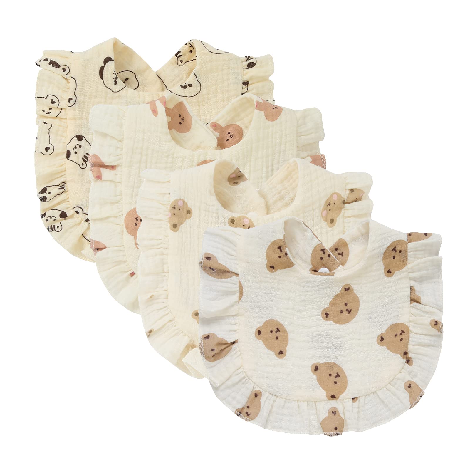 Nishine four-pack drool bibs color set; soft cotton for gentle wear.