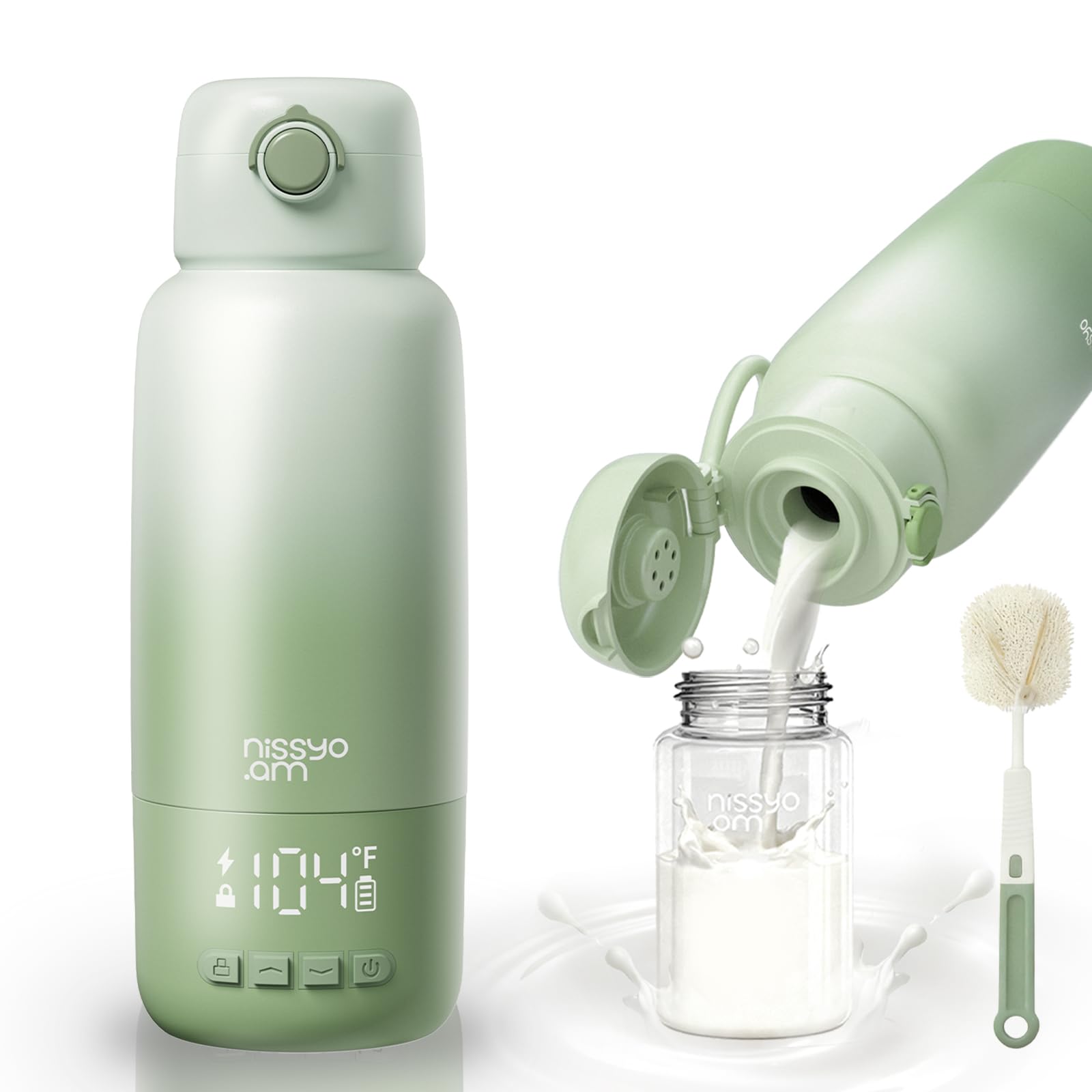 NISSYO.AM portable bottle warmer shows 17oz capacity for on-the-go feeding.