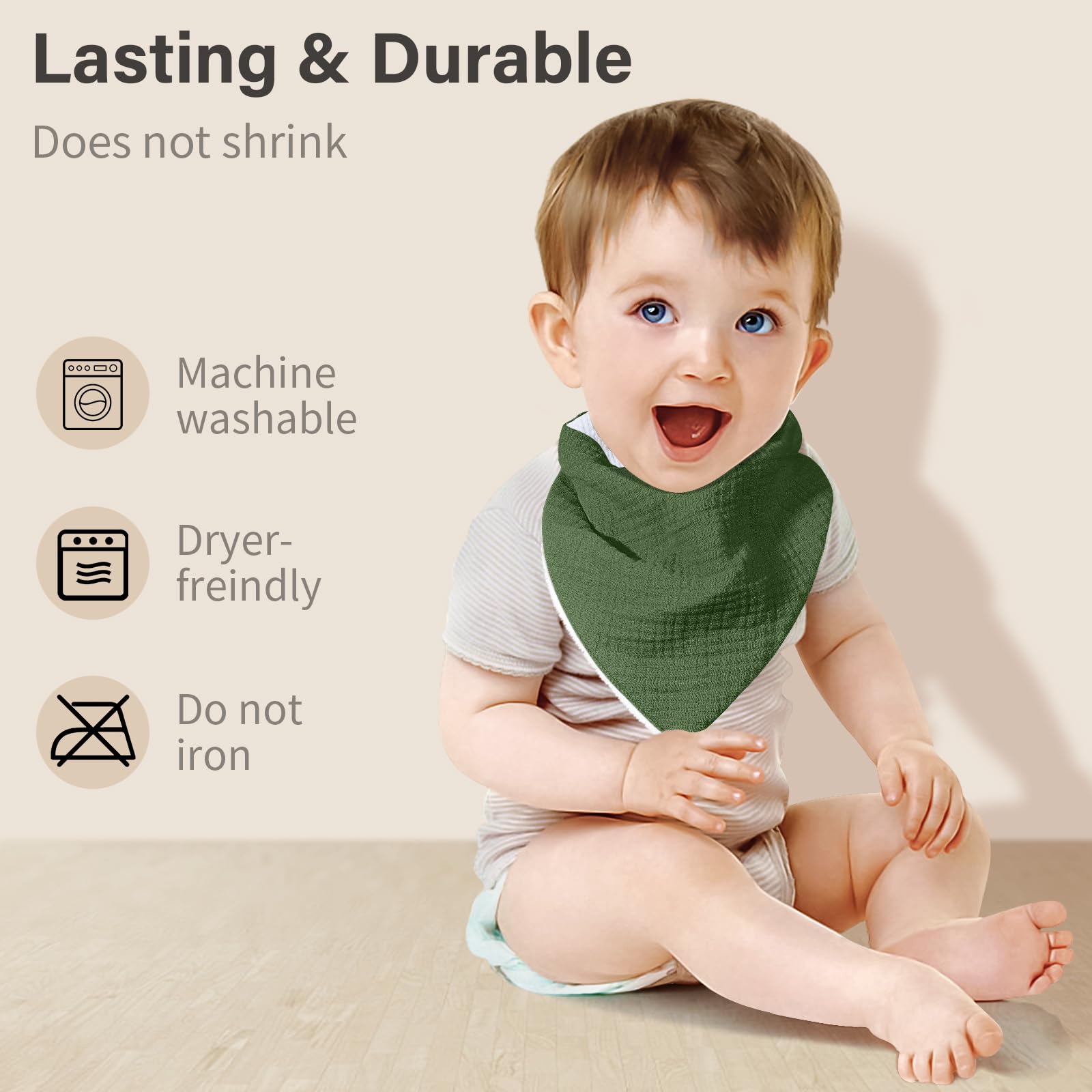 NISXABEBE muslin baby bib adjustable-fit with nickel-free snaps for growing babies.