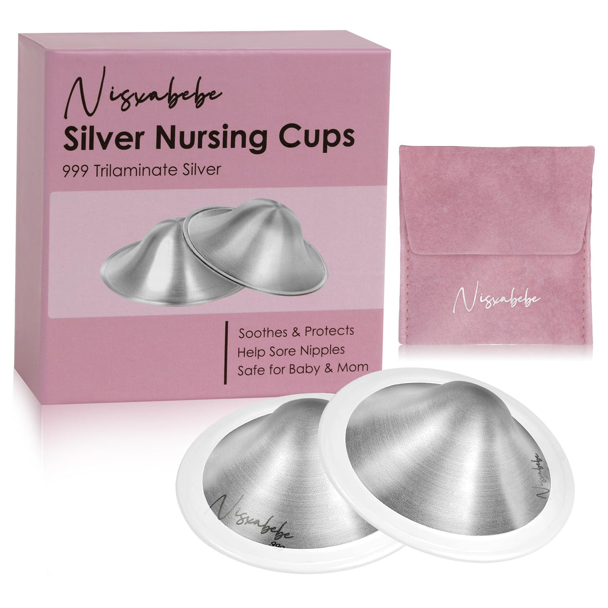 NISXABEBE silver nursing cups packaging, premium essential for soothing sore nipples.