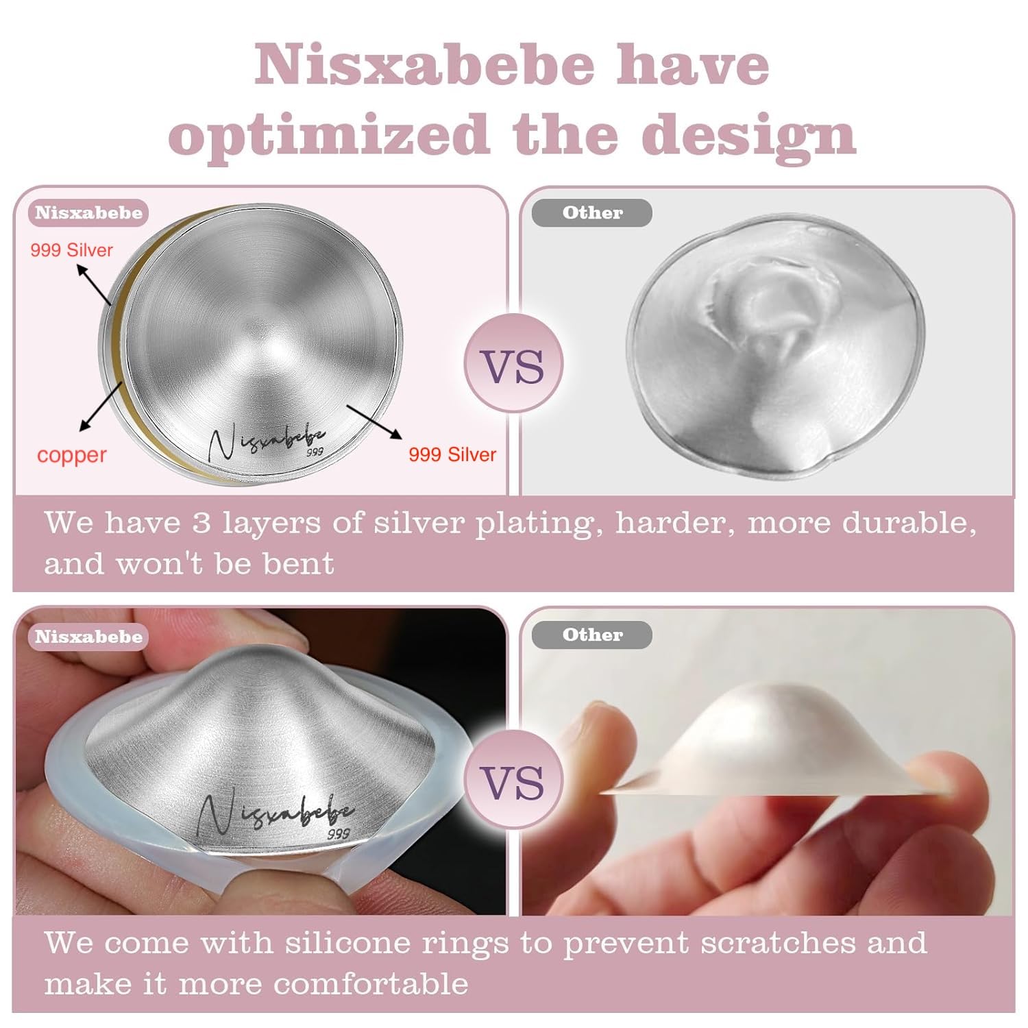 NISXABEBE silver nursing cups under a bra for discreet use.