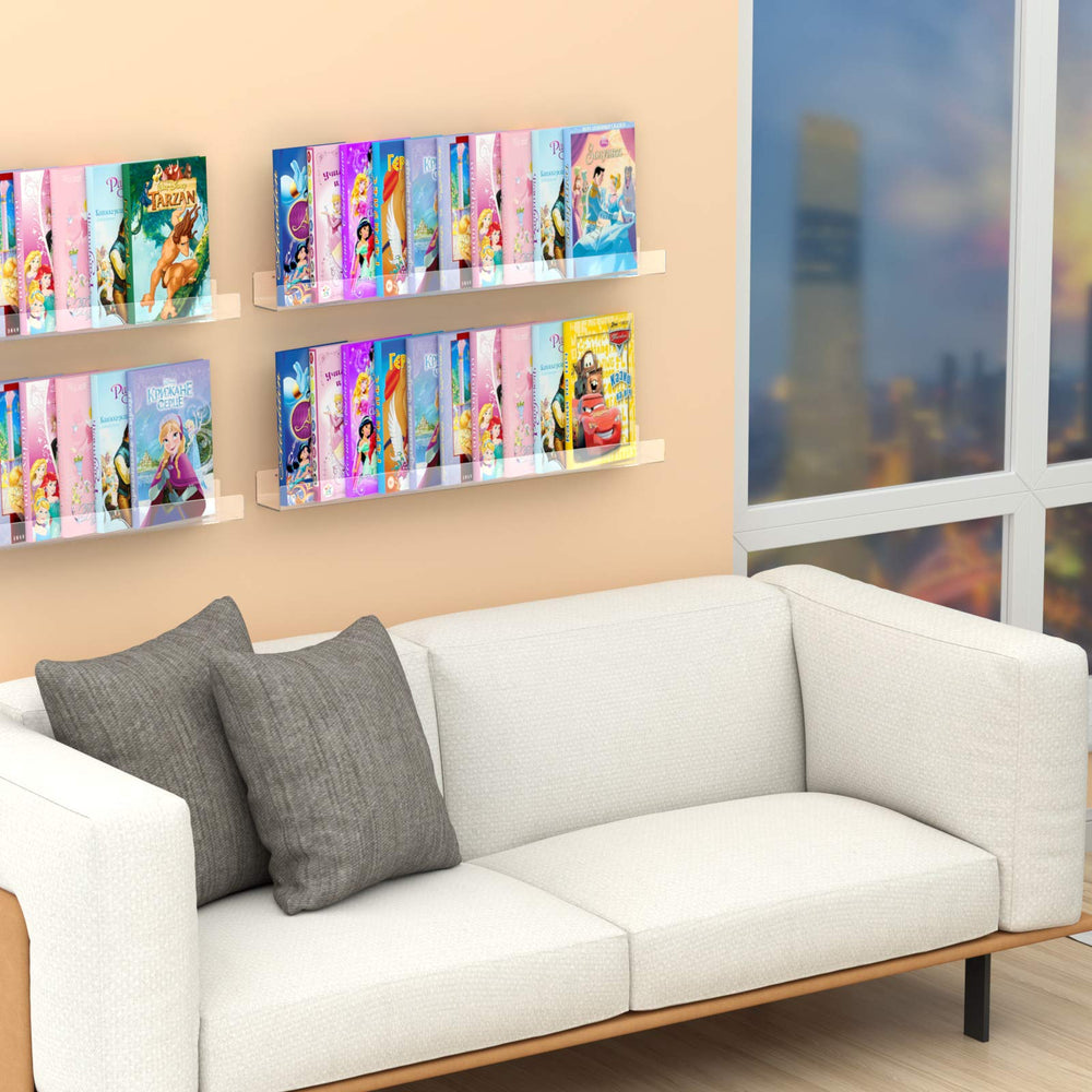 NIUBEE Kids Acrylic Floating Shelf organized with books and cosmetics
