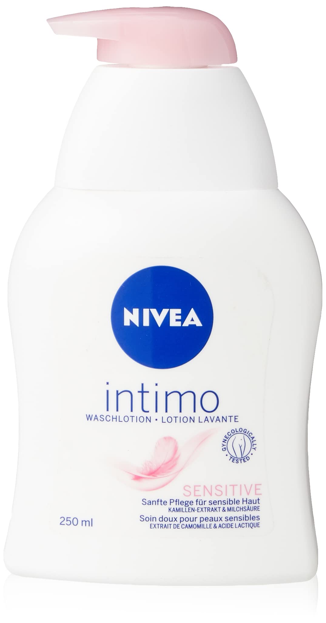 NIVEA Intimo Sensitive wash bottle with pump for easy daily cleansing.