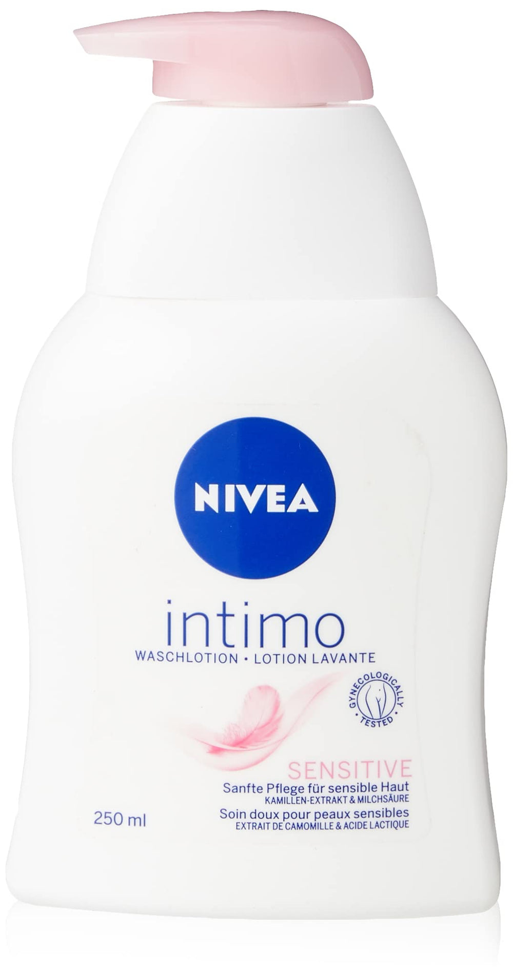 NIVEA Intimo Sensitive wash bottle with pump for easy daily cleansing.