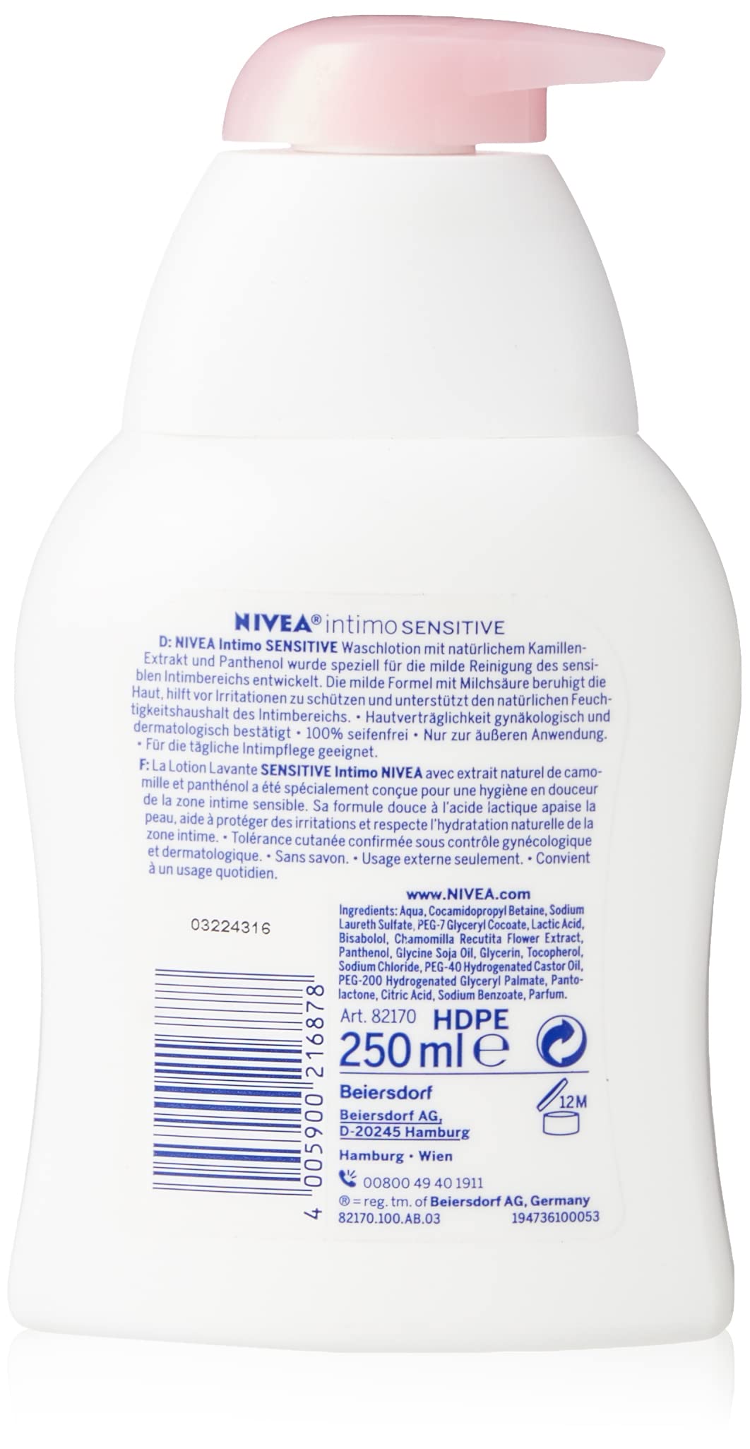NIVEA Intimo Sensitive wash label close-up highlighting gentle care.