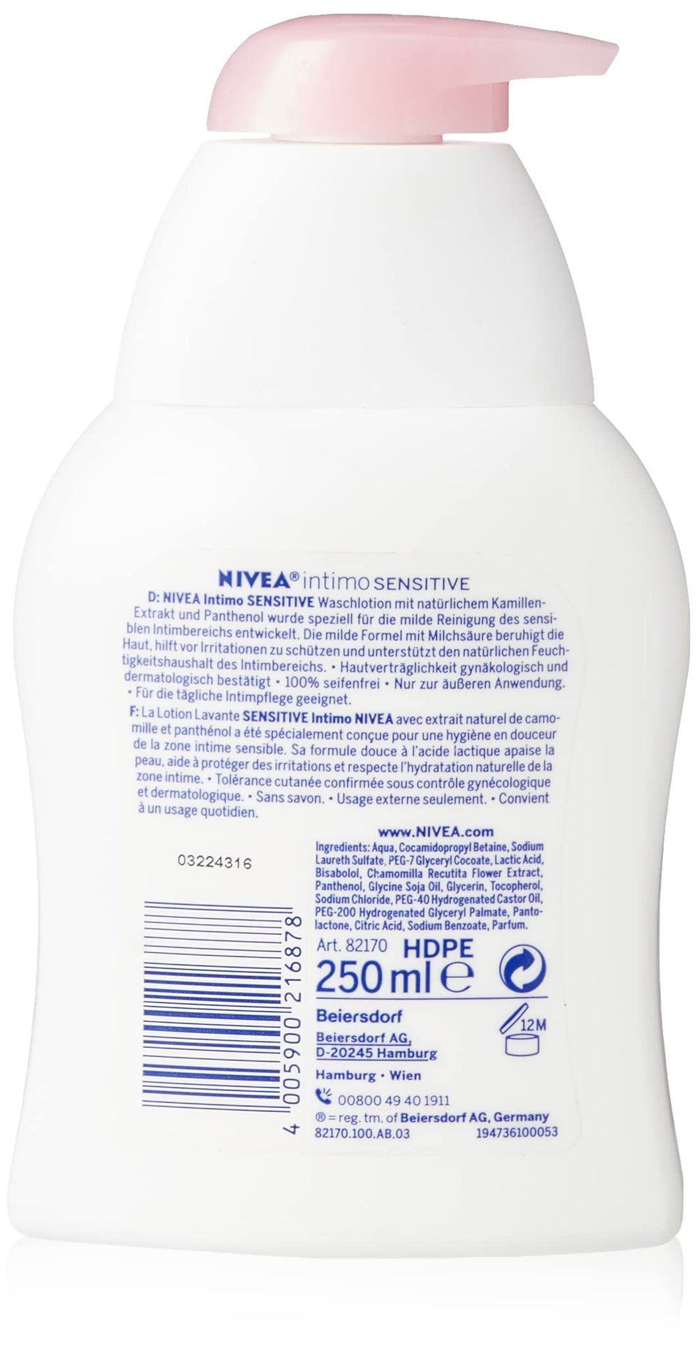 NIVEA Intimo Sensitive wash label close-up highlighting gentle care.