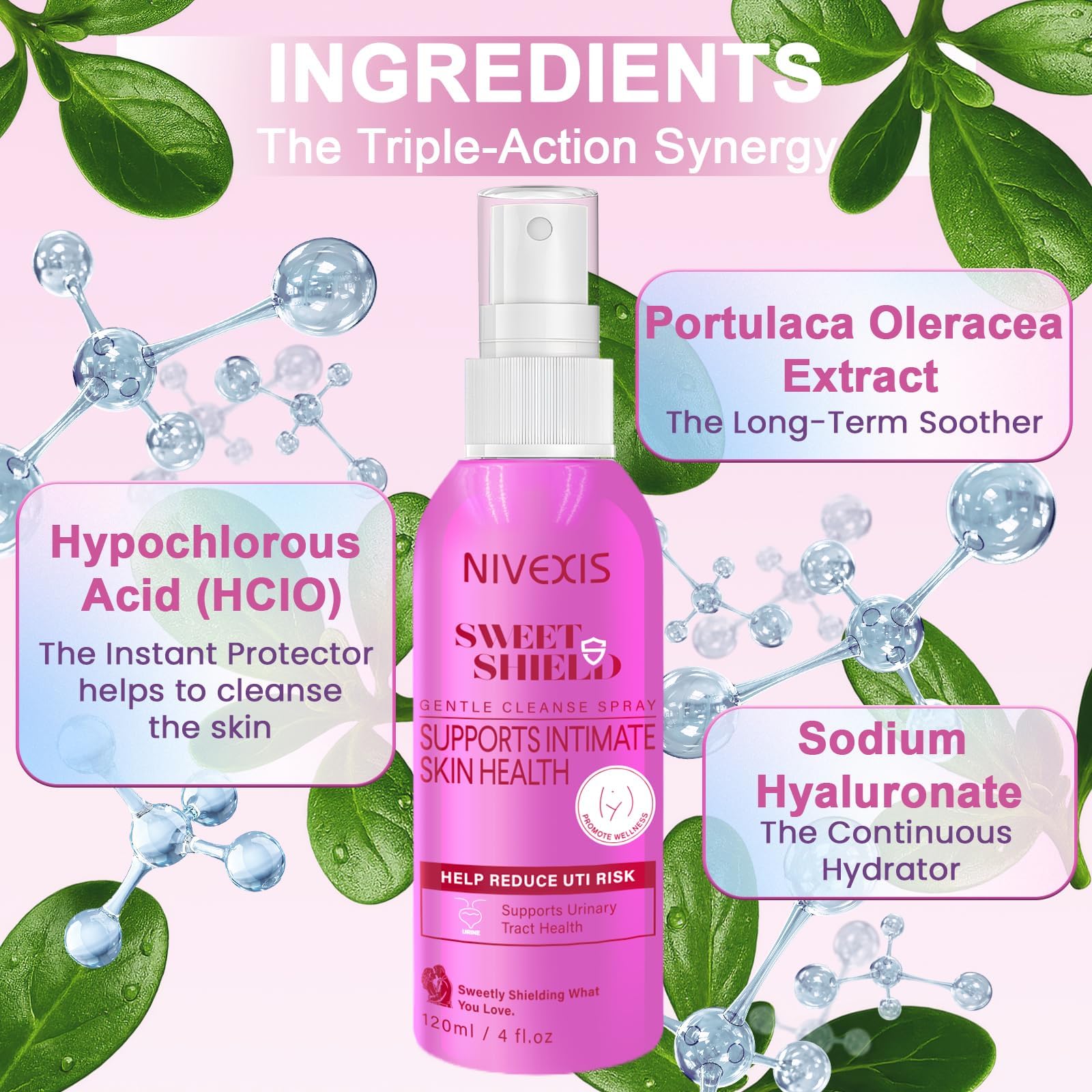 Nivexis spray nozzle closeup for easy no-rinse use.