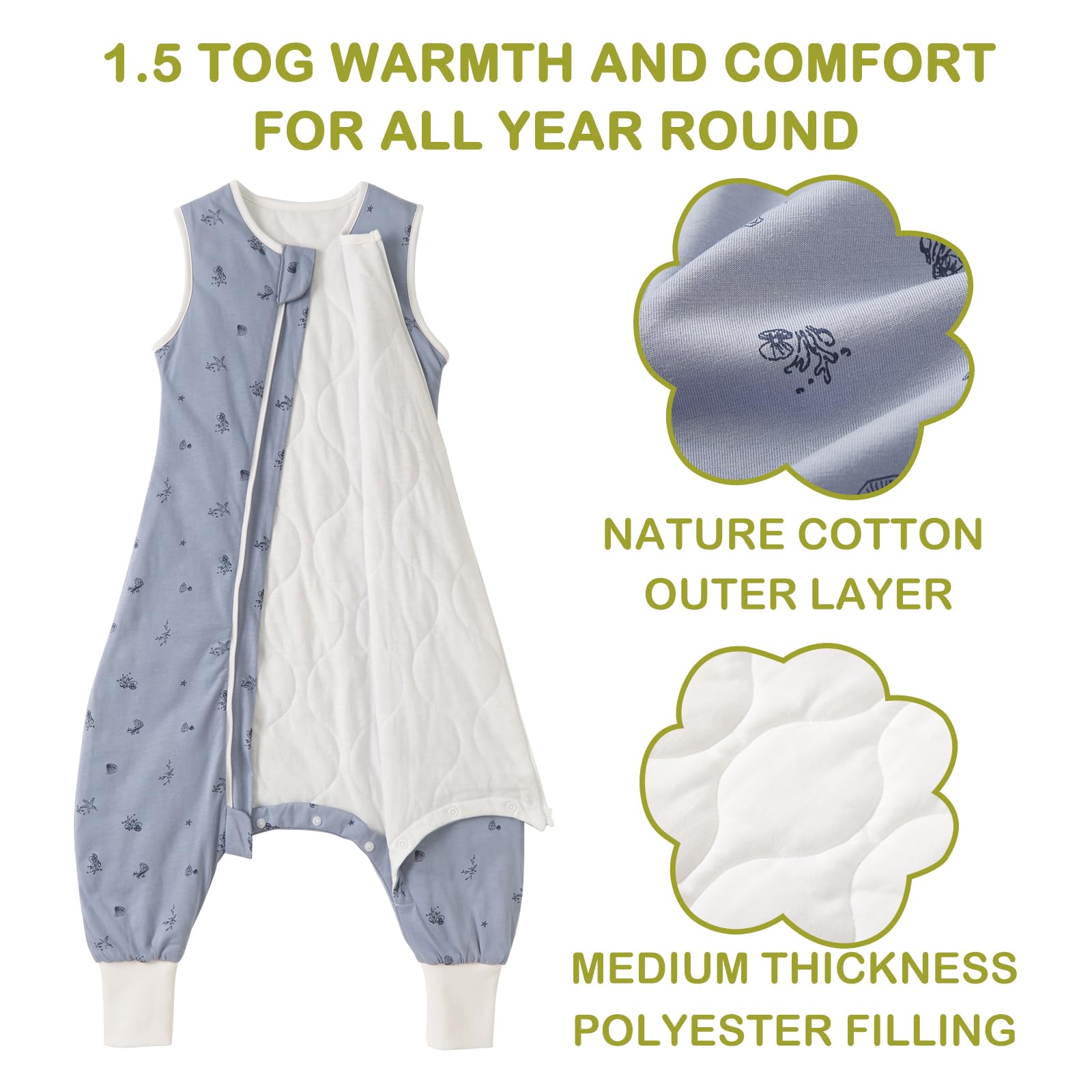 Nivolltha Ocean sleep sack on toddler active movement demonstrates leg room