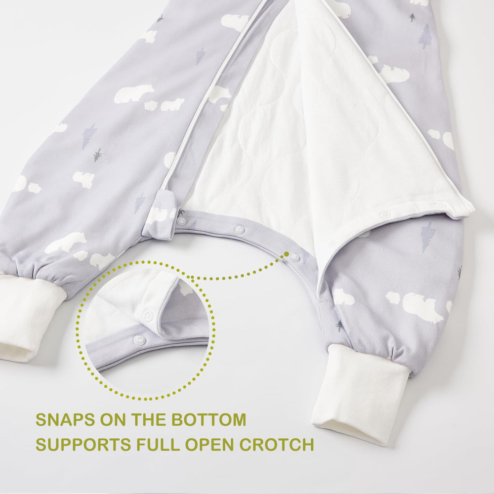 Nivolltha sleep sack with legs, white bear, zipper detail enables smooth diaper changes.