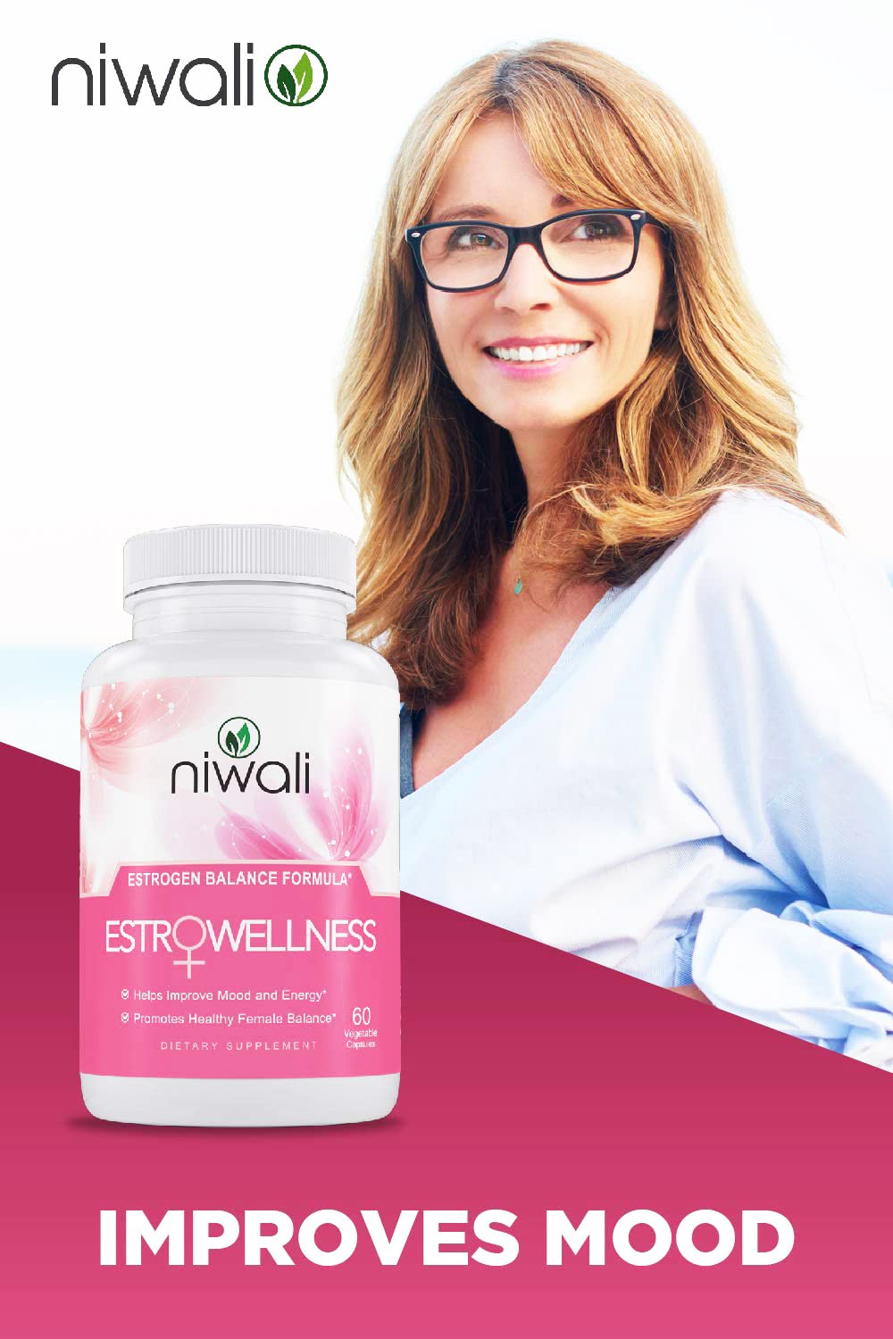 NIWALI Estrogen bottle with glass representing routine and energy focus