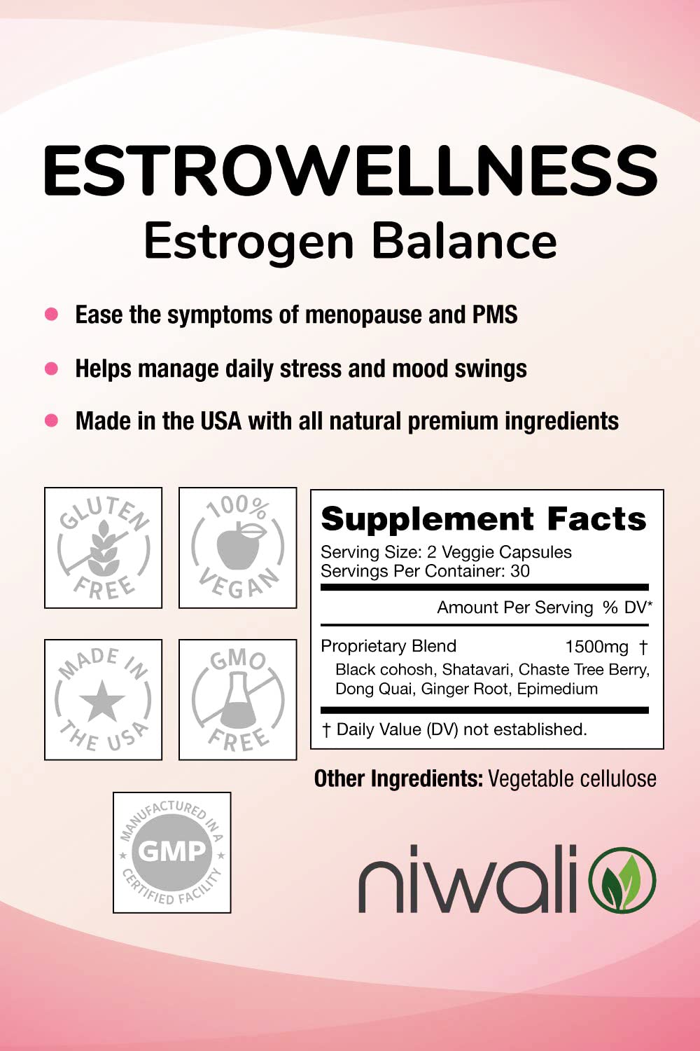 NIWALI Estrogen capsules close-up emphasizing plant-based veggie capsules