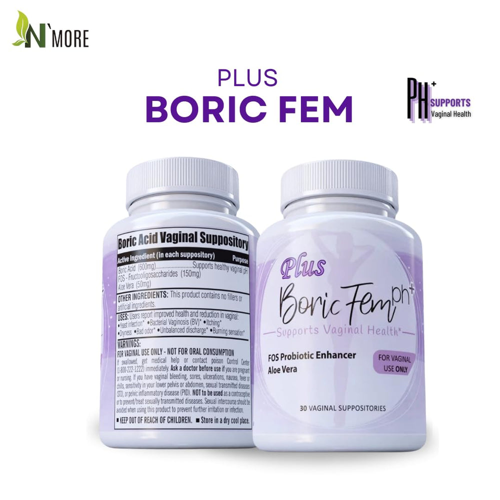 N'More boric acid vaginal suppositories with FOS enhancer for balanced vaginal flora.