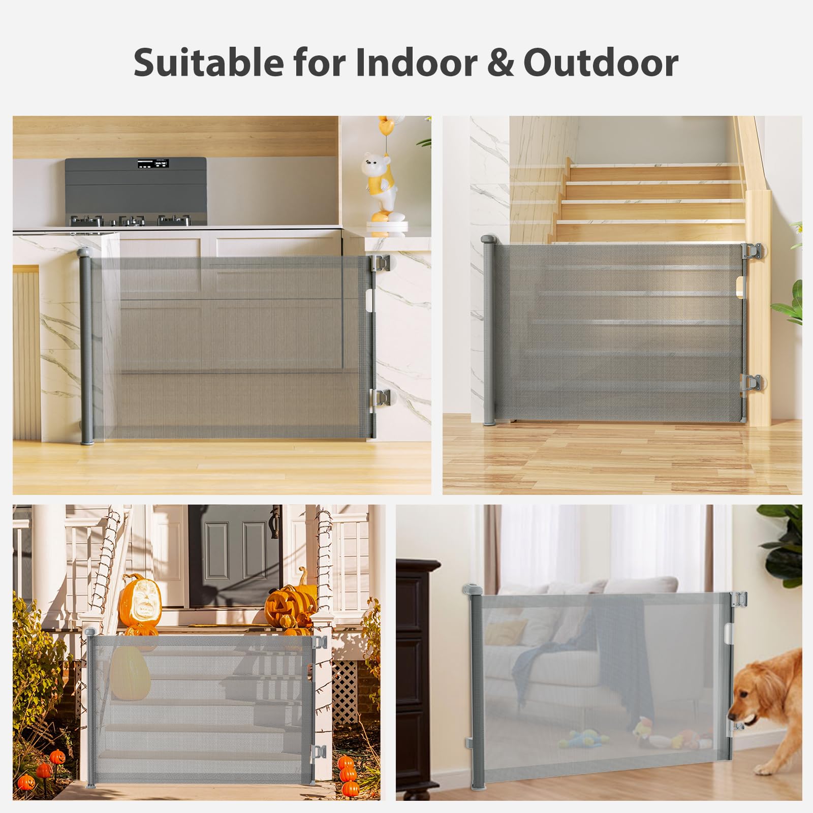 Retractable mesh design maintains sightlines while guarding children and pets