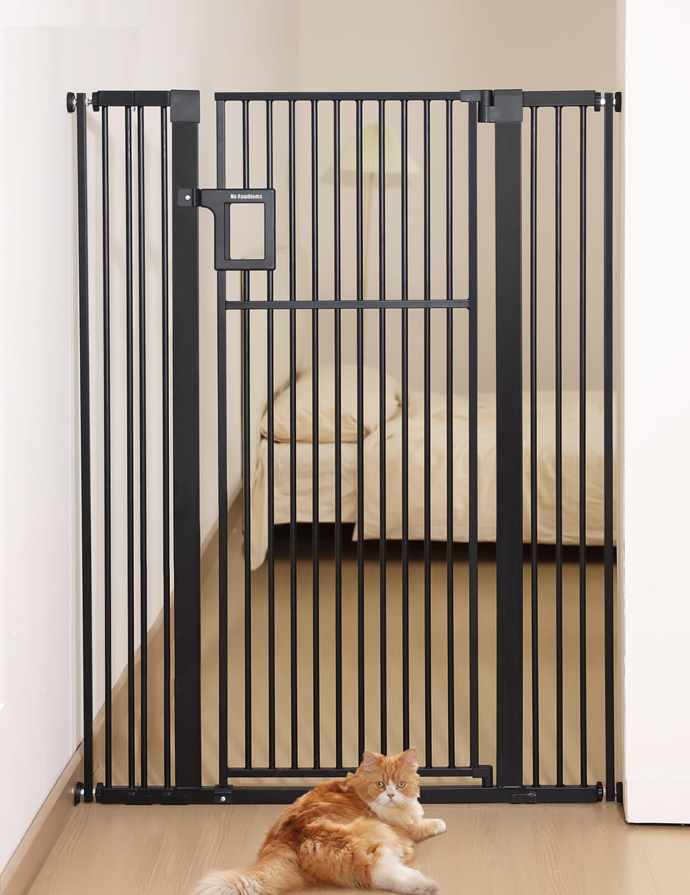 No Pawblems 55-inch gate front view showing tall pet containment barrier.