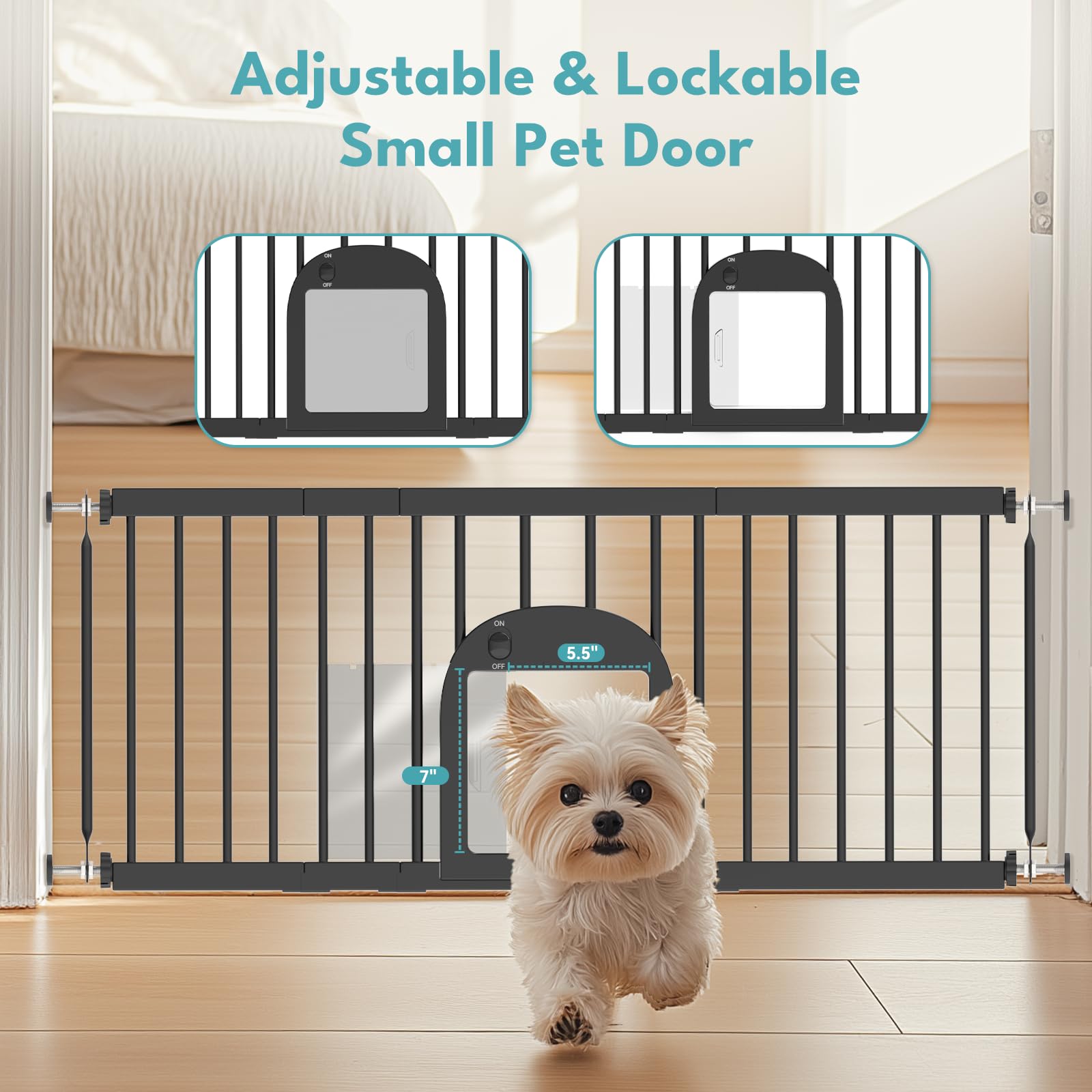 No Pawblems gate shows adjustable width for doorways and stairs.
