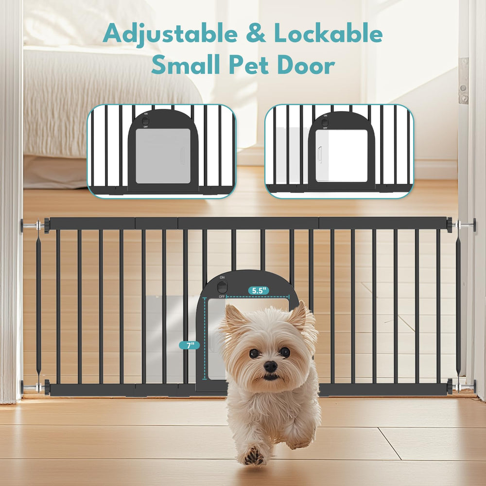 No Pawblems gate shows adjustable width for doorways and stairs.