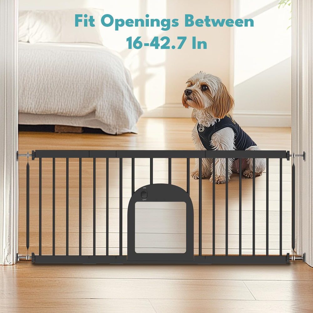 No Pawblems gate in a sleek black finish blends with home decor while keeping pets safe.