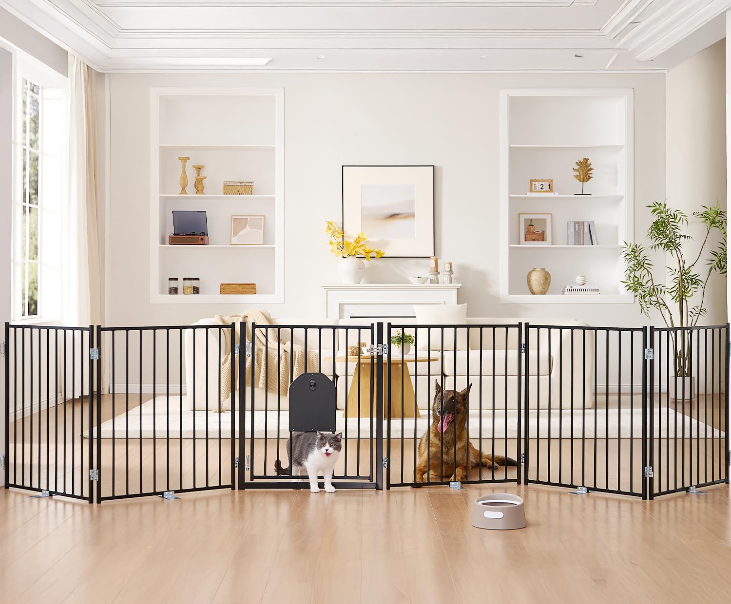 No Pawblems dog gate front view, sturdy freestanding barrier for stairs and doorways.