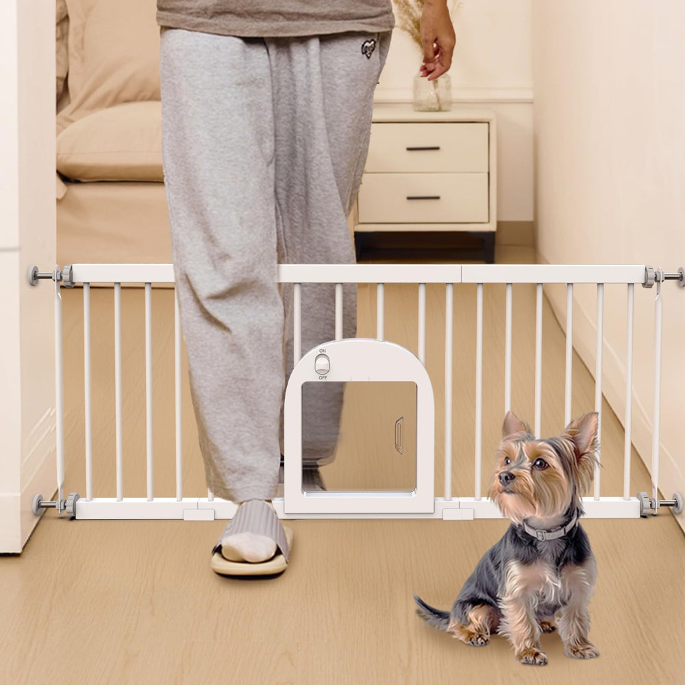 No Pawblems dog gate with pet door front view demonstrates adjustable access