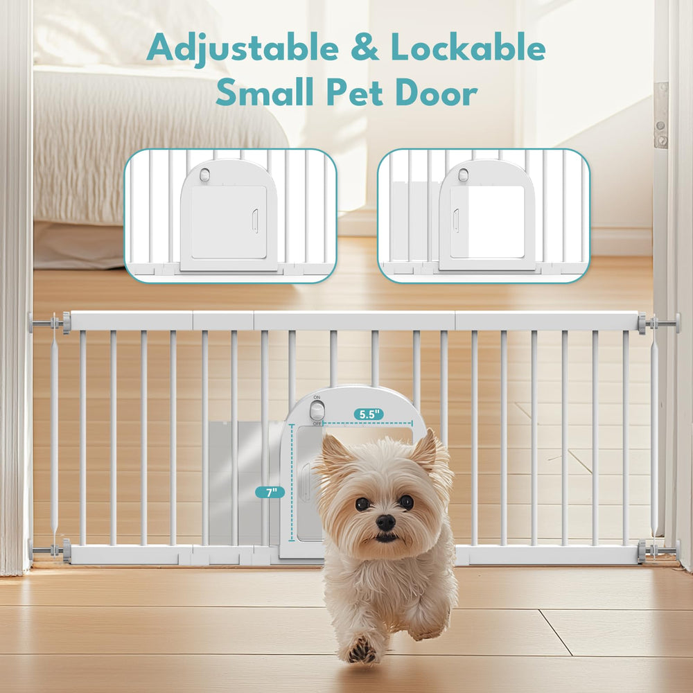 No Pawblems dog gate with pet door side view shows compact footprint