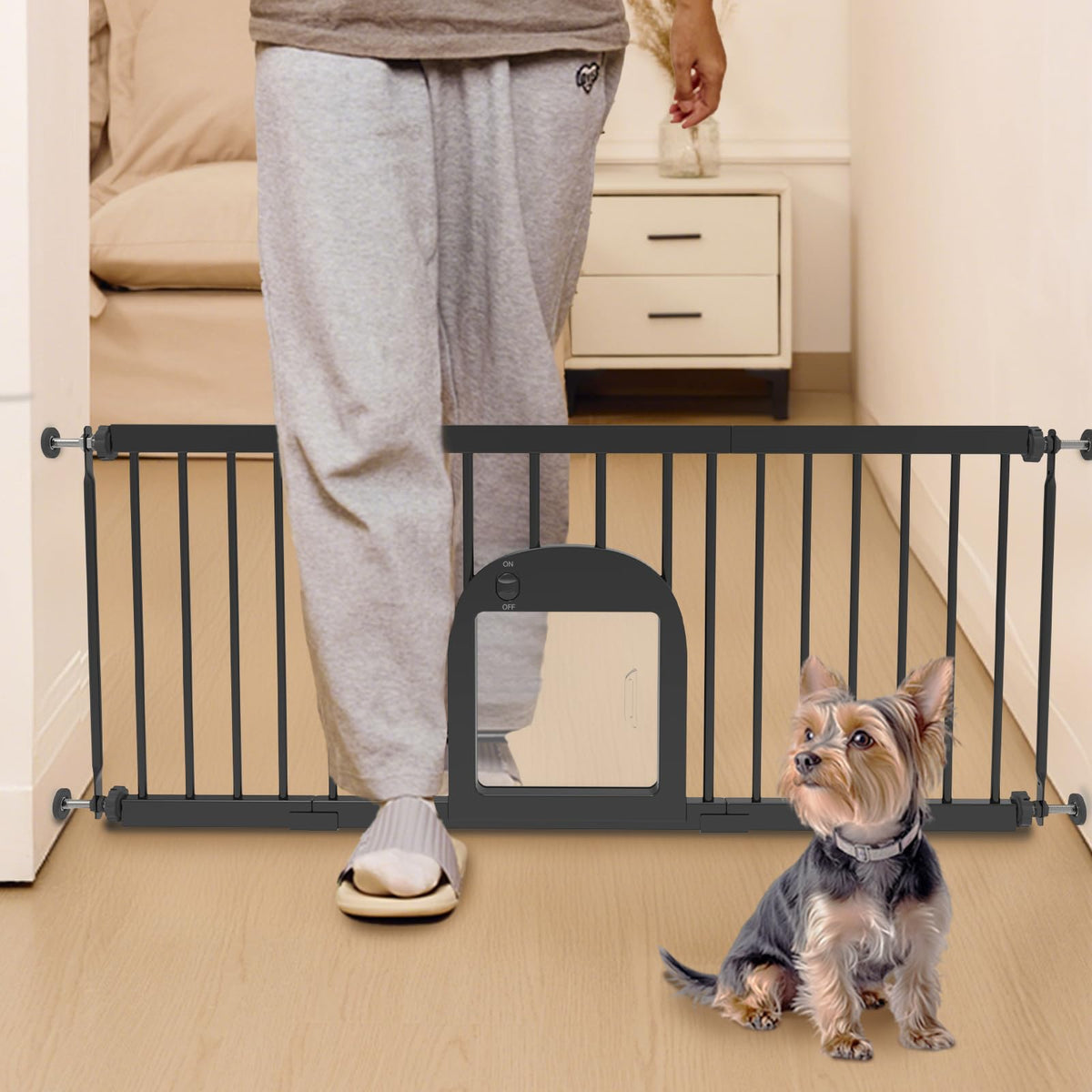 No Pawblems dog gate with pet door provides secure barrier and controlled access.