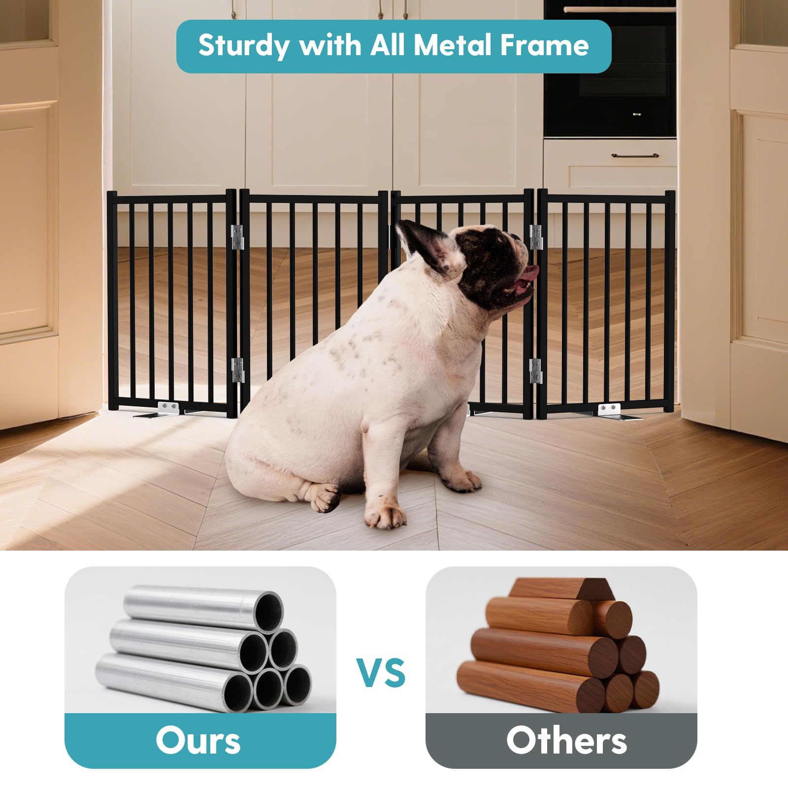 No Pawblems dog gate with freestanding support feet for stable setup.