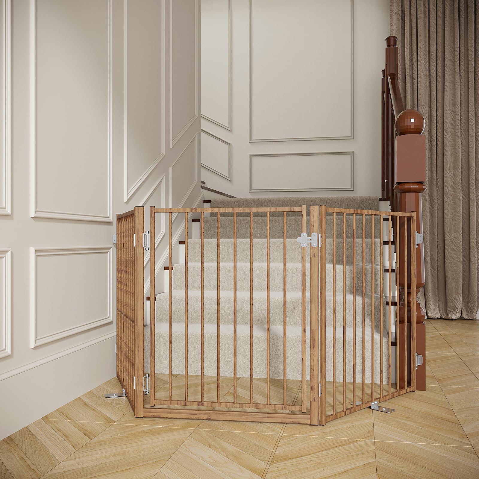 No Pawblems dog gate with wood pattern, sturdy freestanding design for stairs and doorways