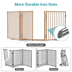 No Pawblems dog gate with walk-through door in wood pattern for easy pet access