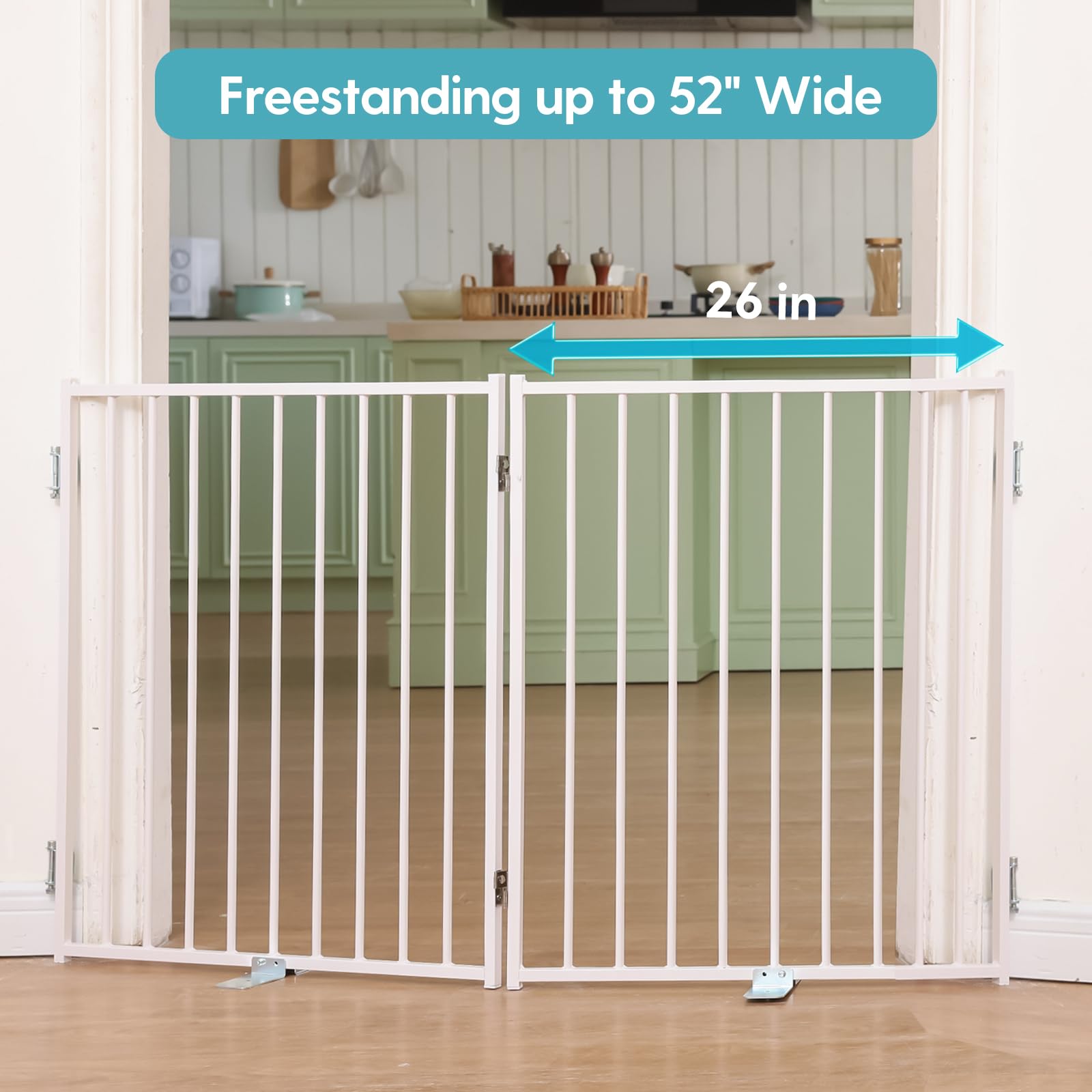 No Pawblems foldable dog gate with 360-degree hinges enables flexible room layouts.