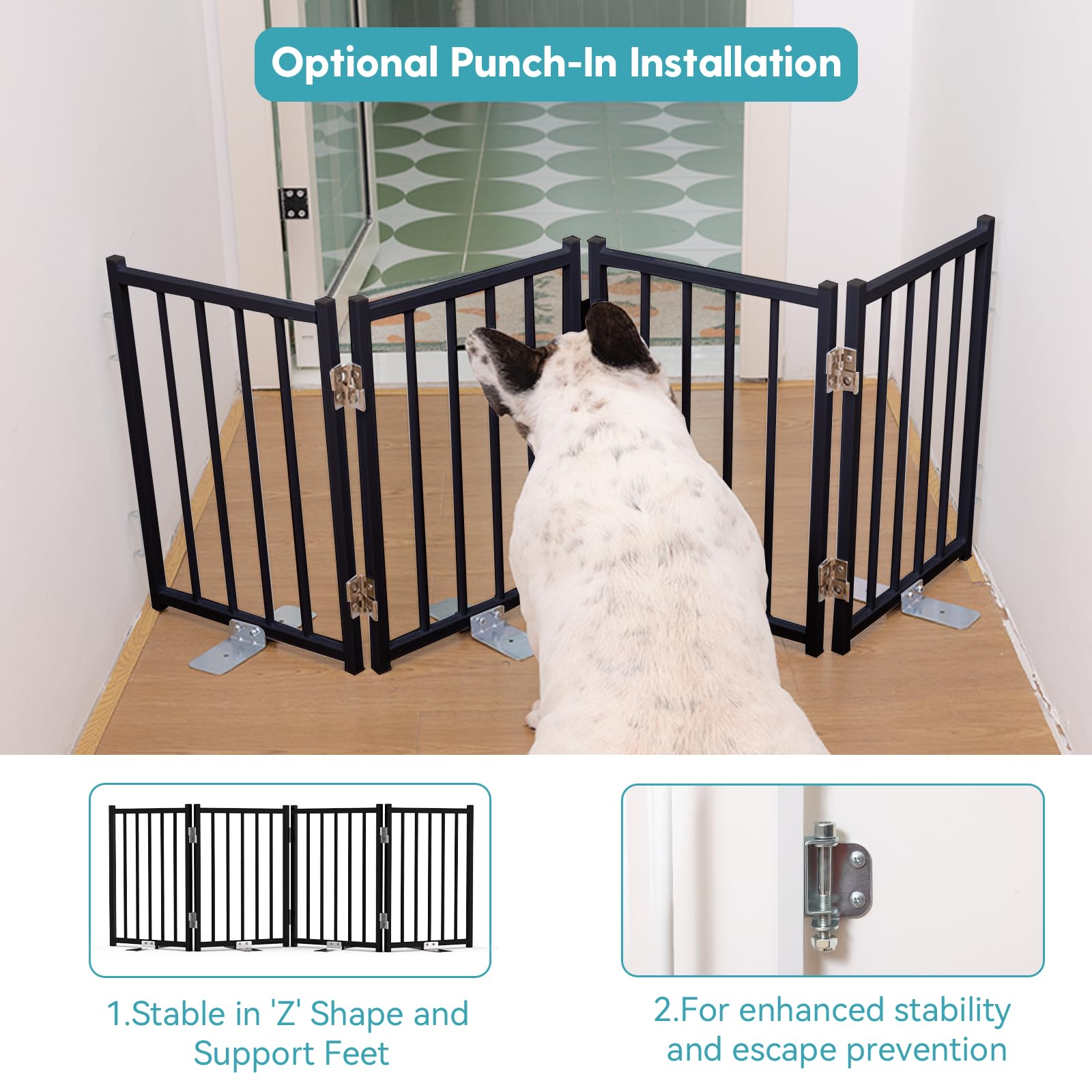 No Pawblems foldable dog gate panels with 360-degree hinges for flexible layouts.