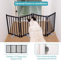 No Pawblems foldable dog gate panels with 360-degree hinges for flexible layouts.