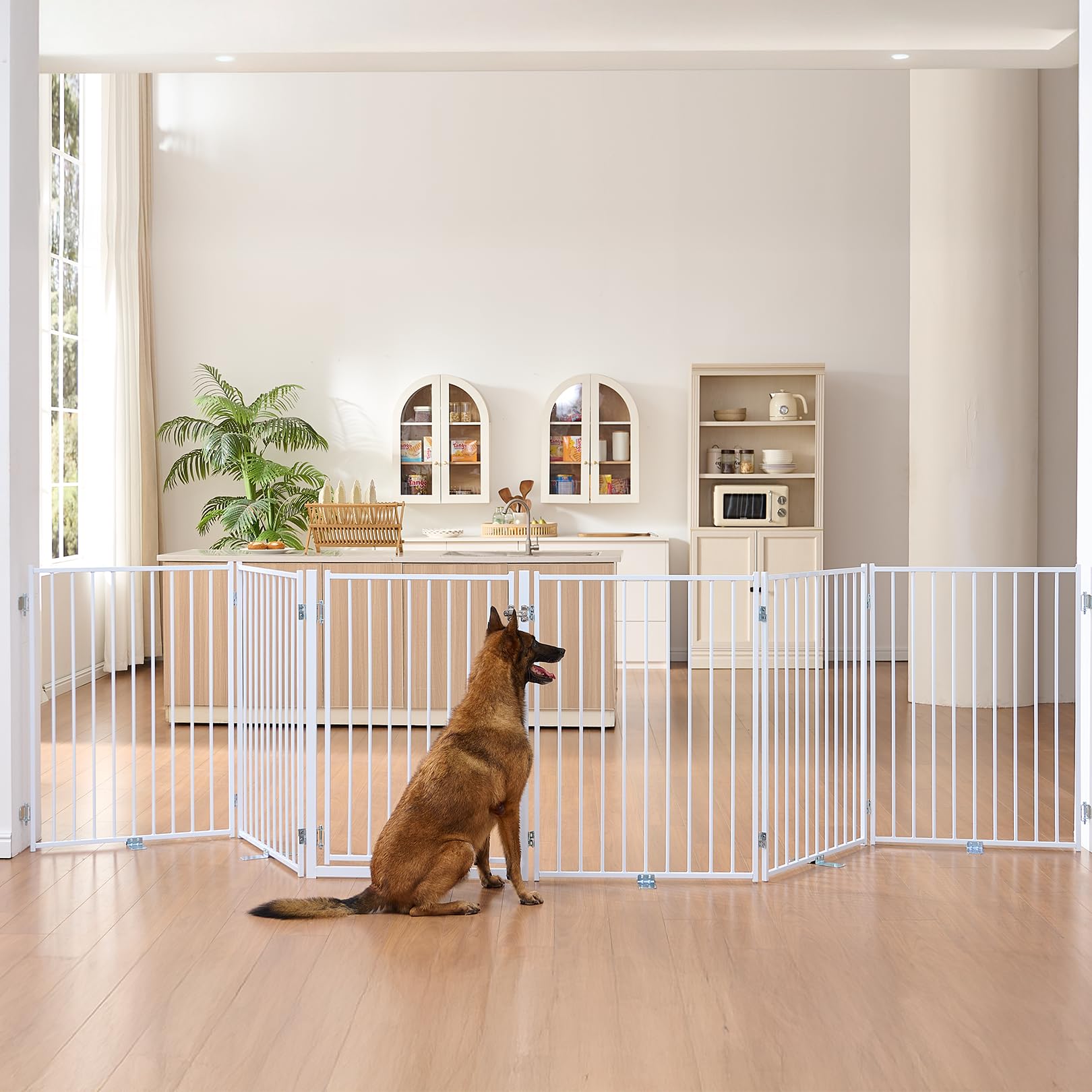 No Pawblems free-standing dog gate assembled in living room keeps your pet contained safely.