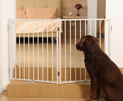 No Pawblems free-standing dog gate with 30-inch height blocks stair access.