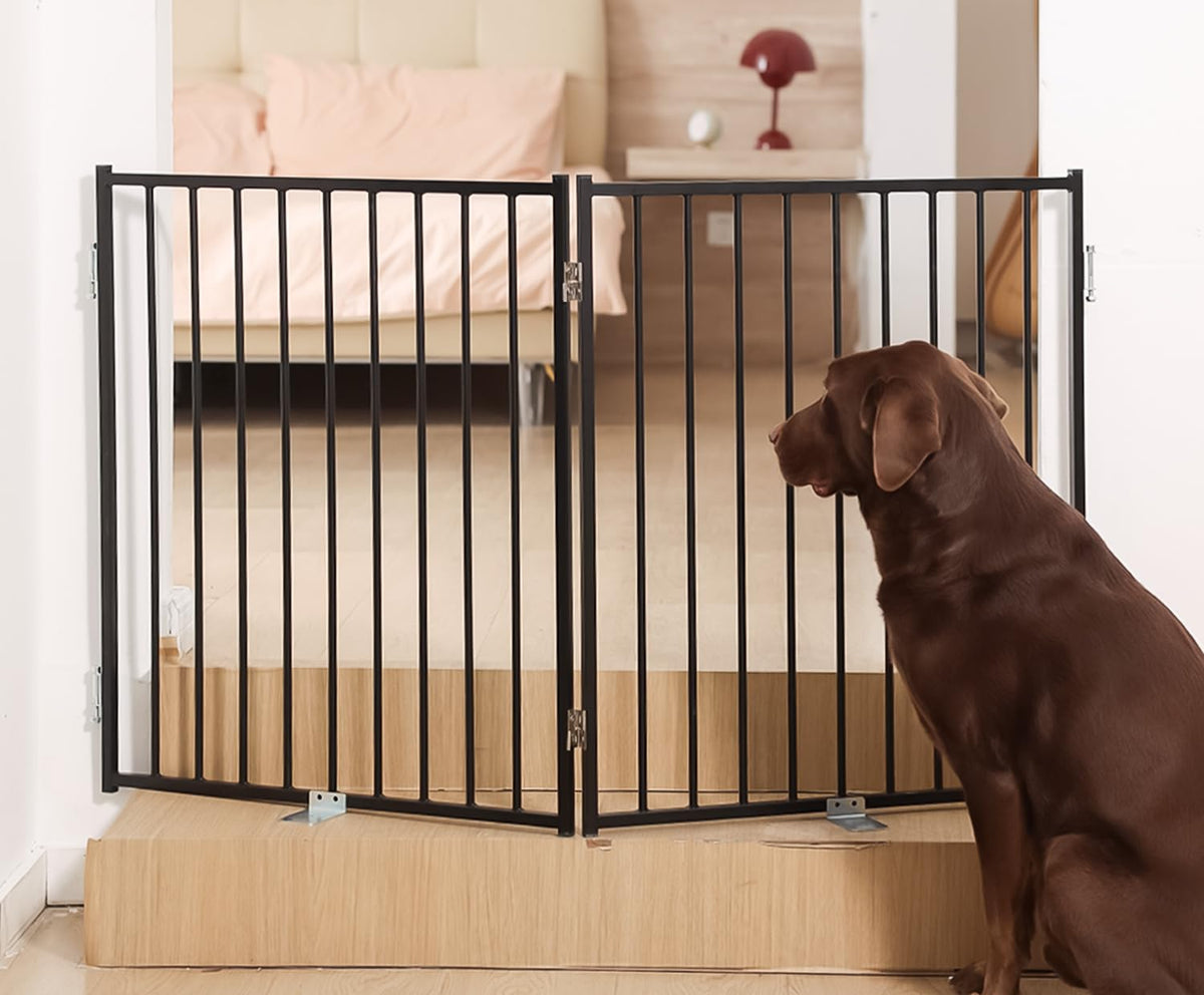 No Pawblems free standing dog gate with door, front view, sturdy metal.