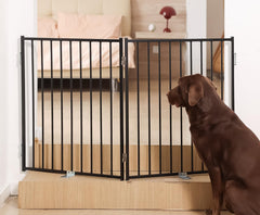 No Pawblems free standing dog gate with door, front view, sturdy metal.