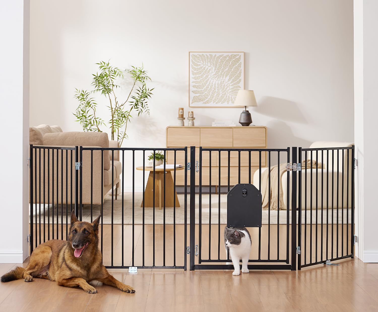 No Pawblems free-standing dog gate front view for versatile indoor use.