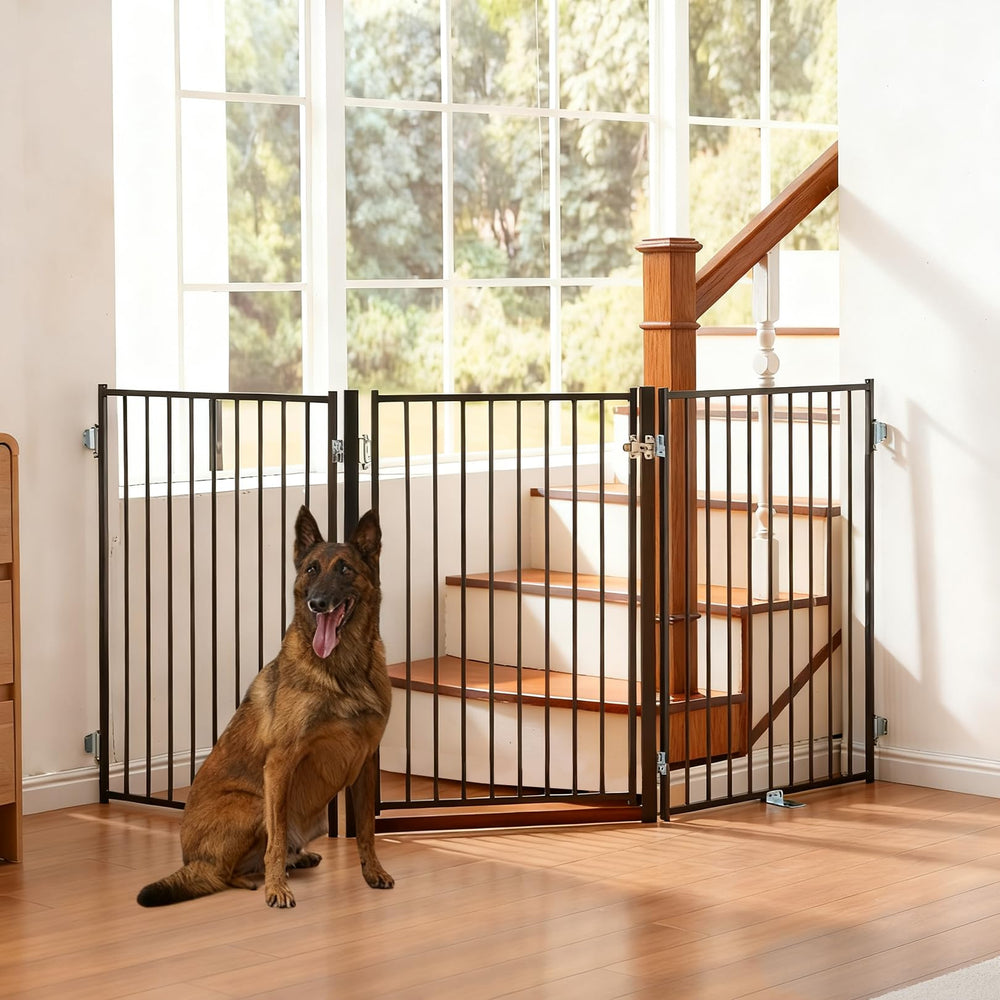 No Pawblems free-standing dog gate with full metal construction for durability.