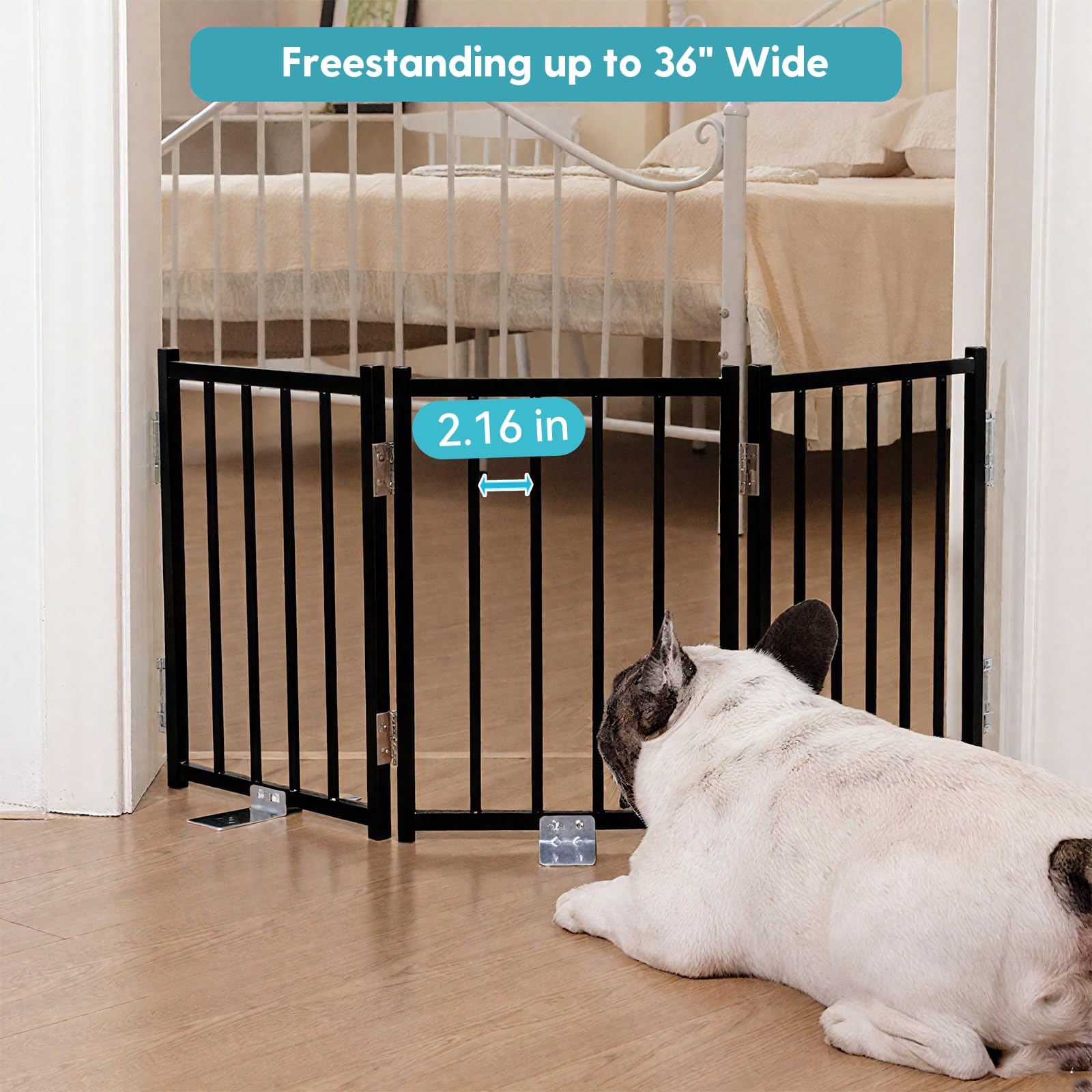 No Pawblems metal gate with sturdy support feet resists tipping for stable use.