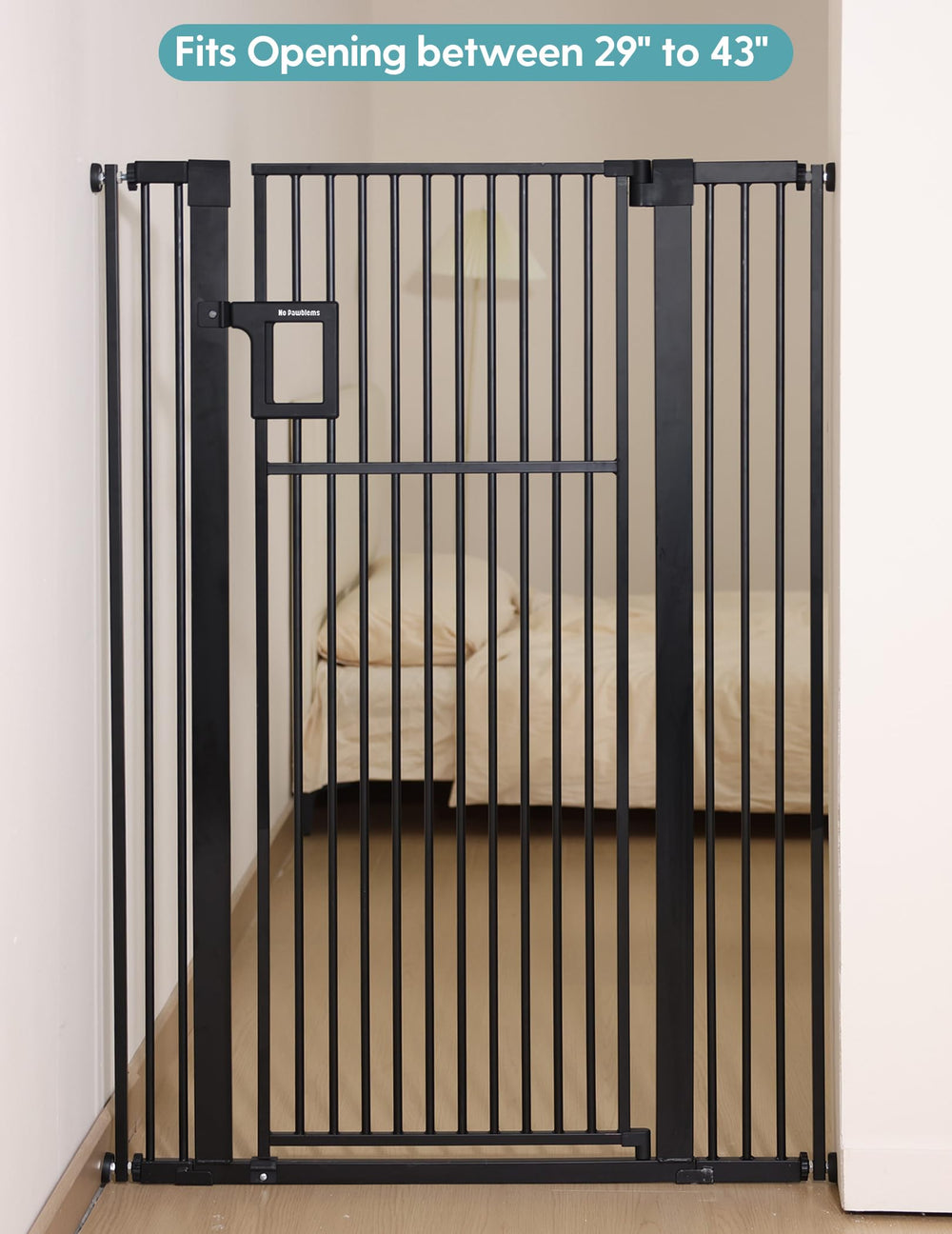 No Pawblems gate being used on a stair entry supports safe containment.