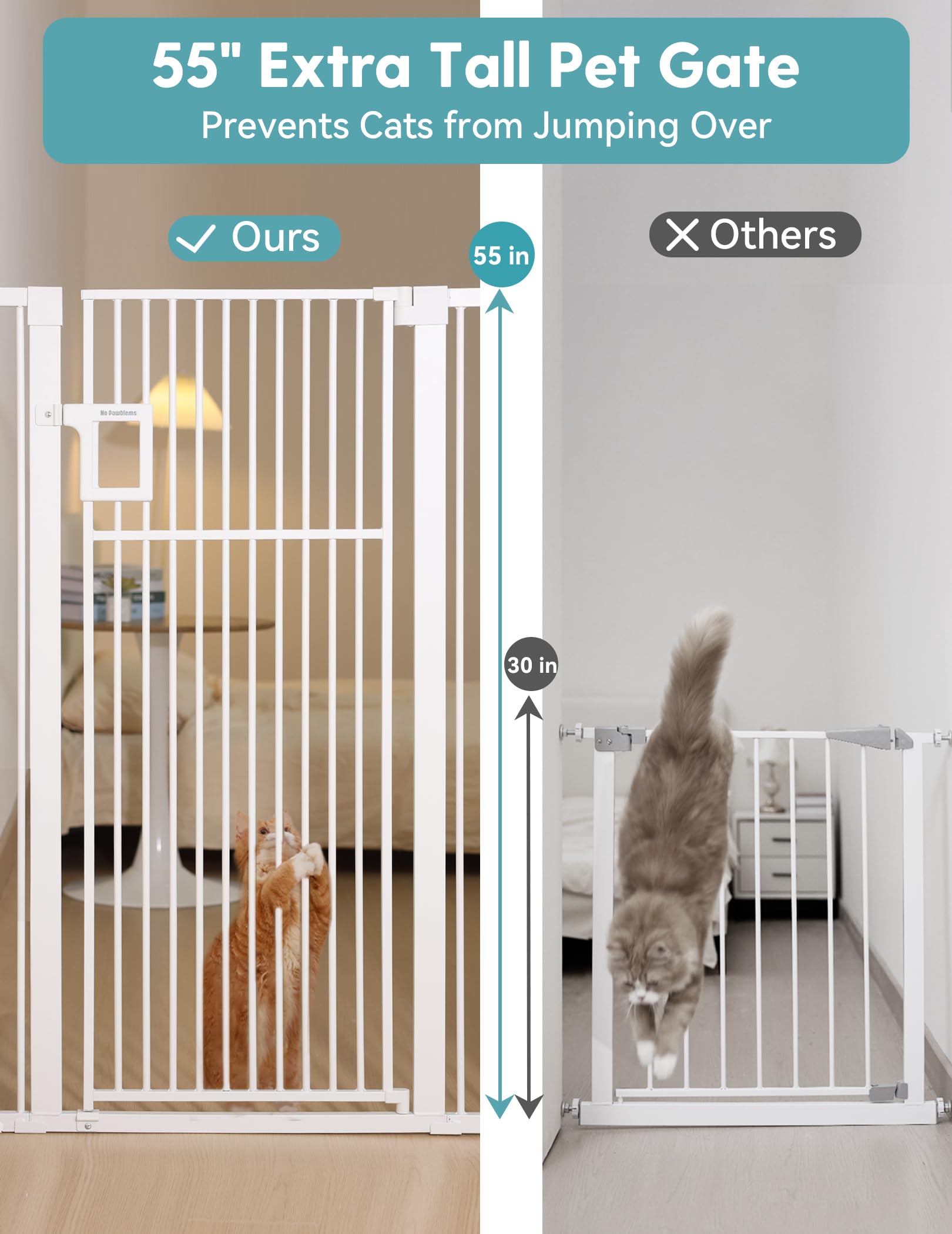 Close-up of 1.37-inch gaps on No Pawblems gate for secure spacing.