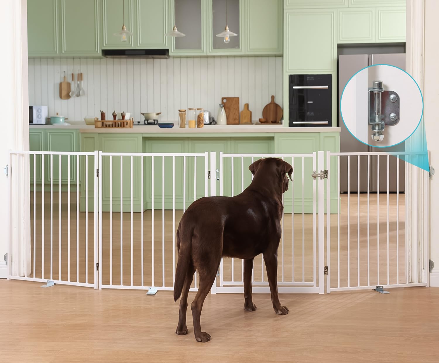 No Pawblems free standing dog gate with door, 30 inches tall, ideal for doorways and stairways.