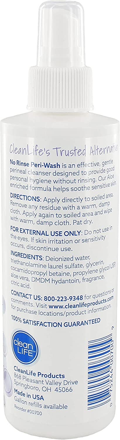 No-Rinse Peri-Wash being applied to the care area for rinse-free cleansing