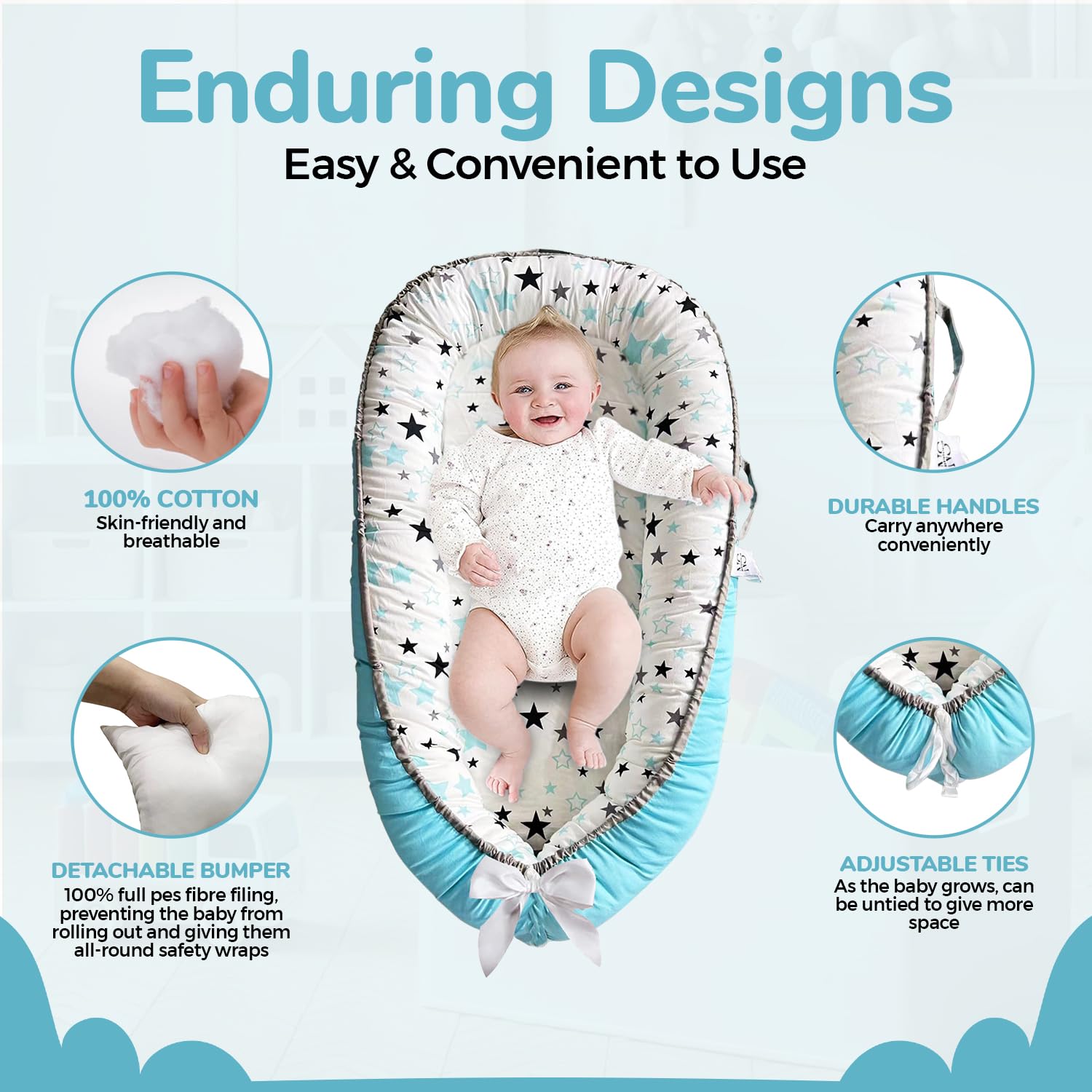 NobleSelect Lounger offers 360° protection for safe tummy time and activity.