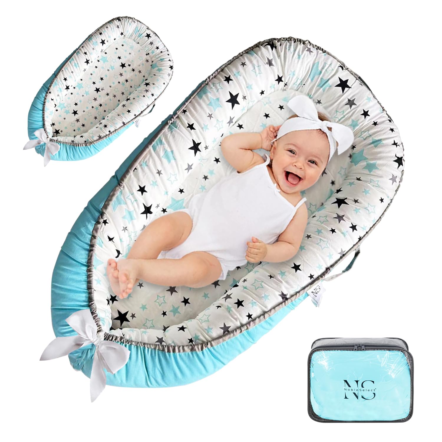 NobleSelect Baby Lounger with soft cotton fabric for cozy newborn support.