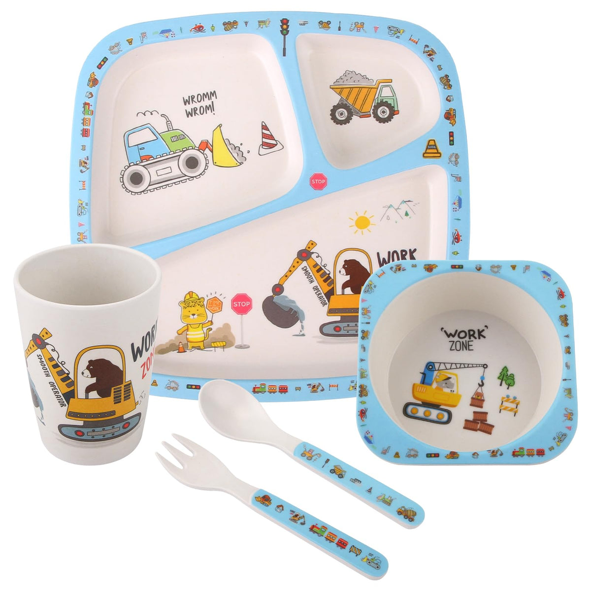 Nohlerlife kids tableware set plate, bowl, cup, fork and spoon supports independent eating and mealtime fun.